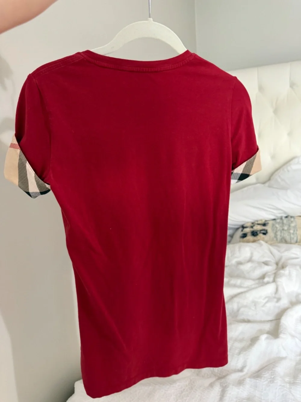 Burberry Deep Red Tee with Signature Check Cuffs - Picture 3 of 3